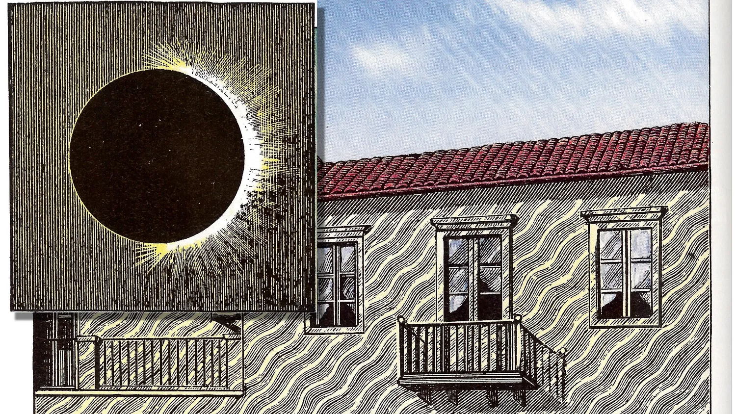 eine Zeichnung eines Hauses während einer Sonnenfinsternis; auf der Außenseite des Hauses sind wellenförmige Schattenlinien zu sehen