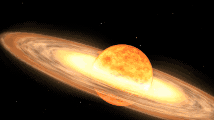 Ein gif, das einen hellen gelben Stern zeigt, der sich in Richtung der rechten Seite des Bildschirms bewegt, mit einer Scheibe aus Materie um ihn herum. Eine weiße Gaswolke bläst sich links von der Scheibe auf.