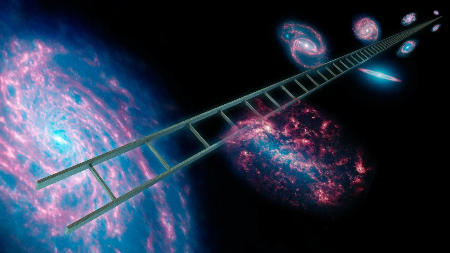 Ein Bild, das verschiedene Galaxien in Rosa und Blau zeigt, die kleiner werden, je tiefer sie in das Bild hineinreichen. Es gibt eine Leiter, die sie alle zusammen verfolgt.