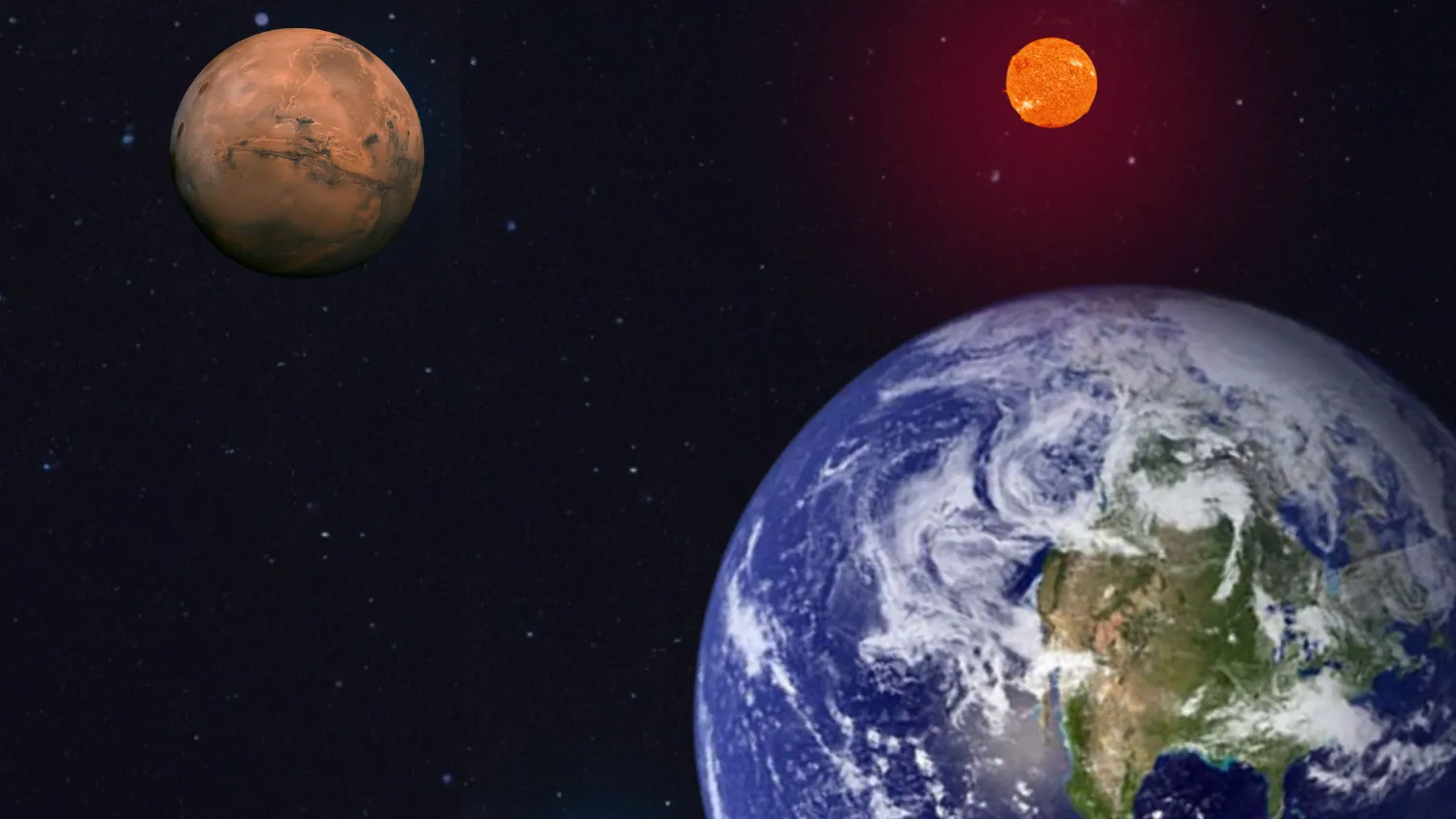 Illustration, die die Erde im Vordergrund mit dem Mars und der Sonne im Hintergrund zeigt