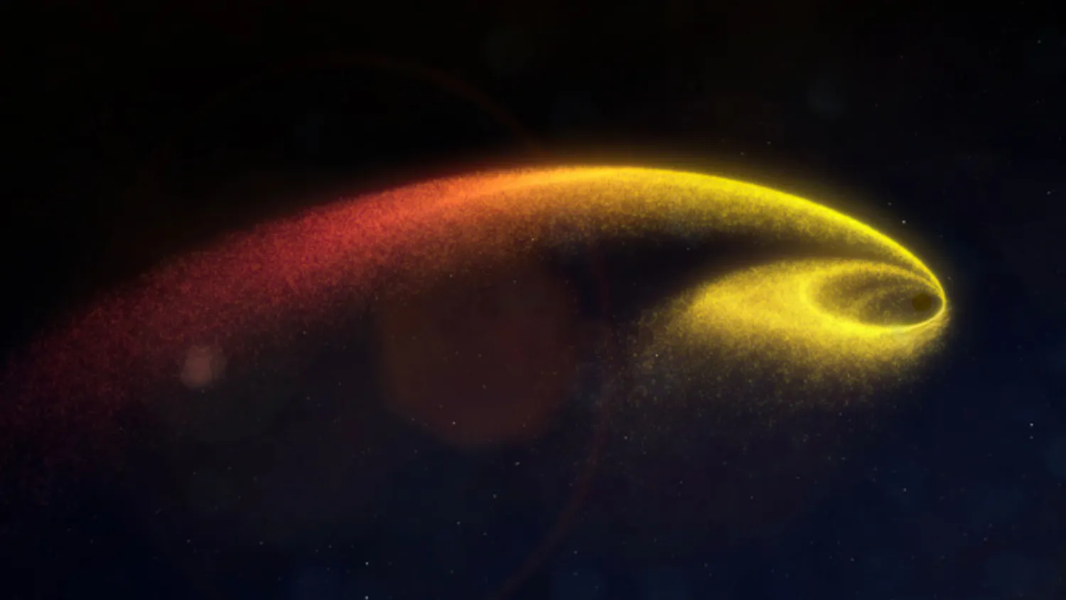 Eine Illustration zeigt die Folgen eines Schwarzen Lochs, das einen Stern bei einer Gezeitenzerstörung zerfetzt und verschlingt