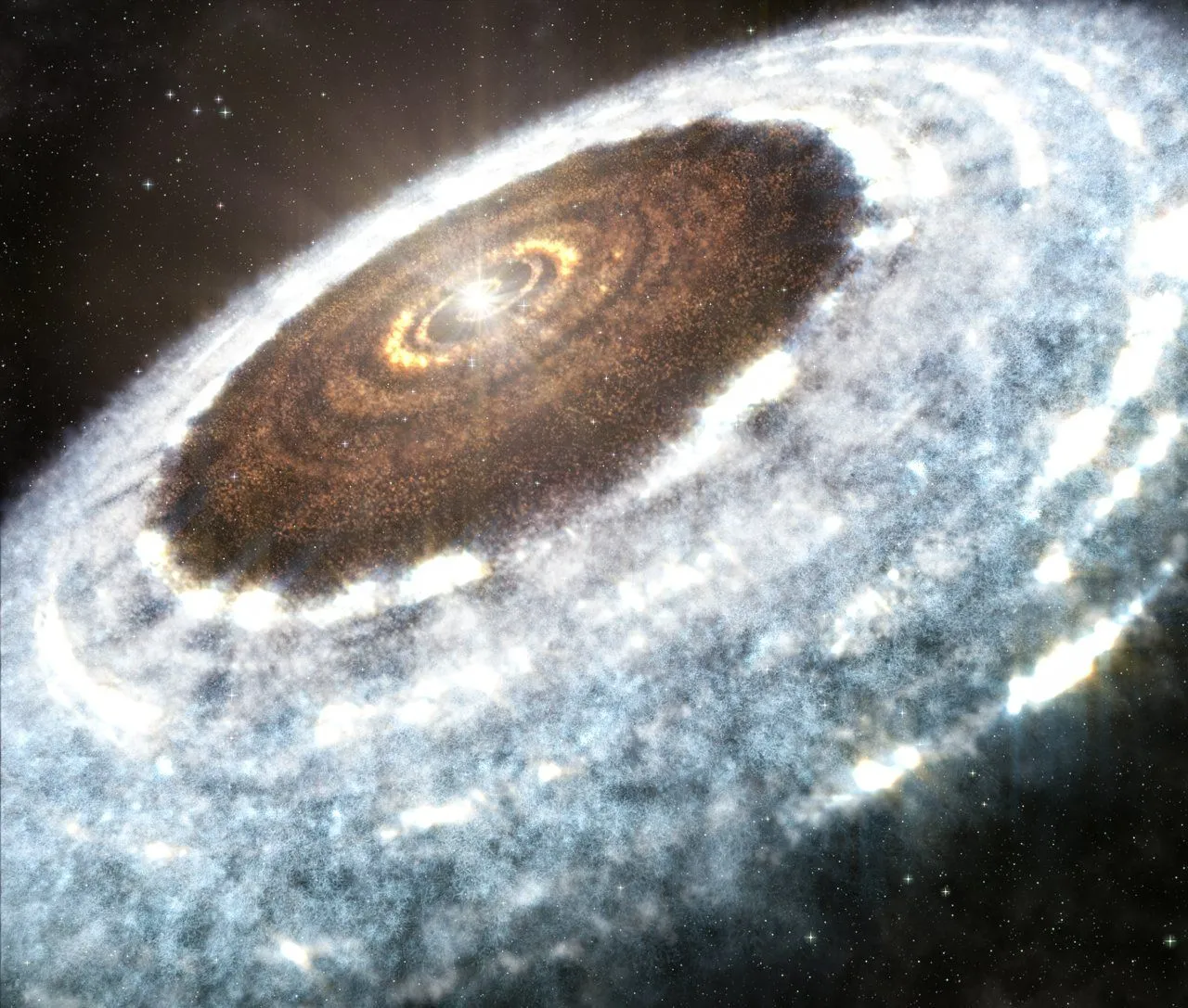 Eine künstlerische Illustration zeigt die Wasserschneelinie, die um den jungen Stern V883 Orionis entdeckt wurde. In einer neuen Studie haben Forscher Eisfossilien in einem alten Meteoriten entdeckt, die zeigen, wie sich Objekte, die sich mit Eis jenseits der Schneelinie im frühen Sonnensystem bildeten, in Richtung Sonne bewegten (und diese porösen 