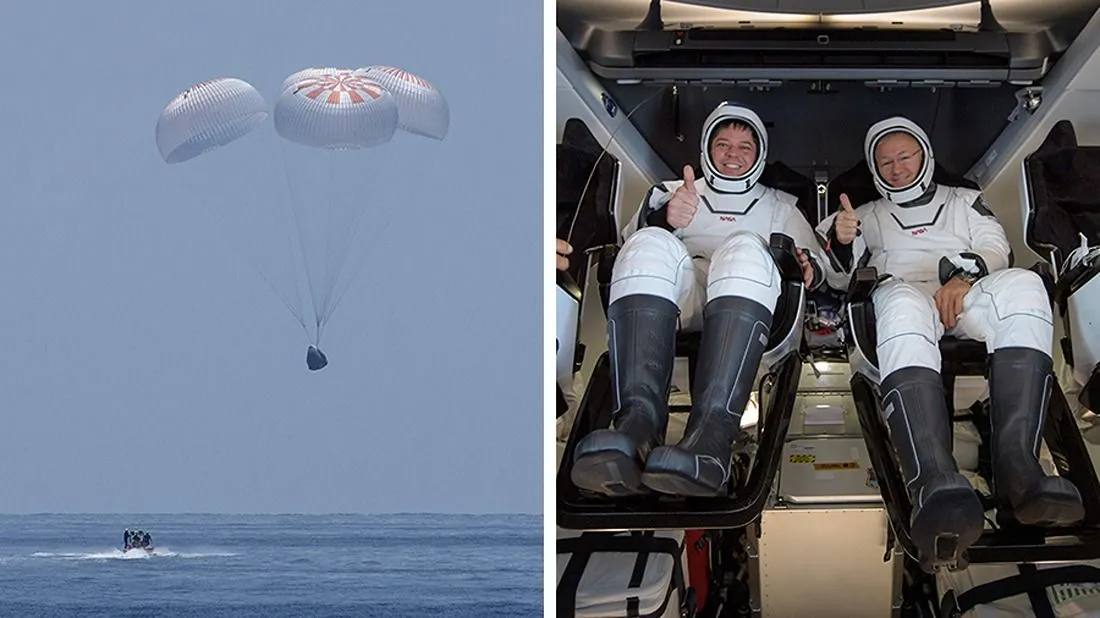 zwei bilder nebeneinander. links ein raumschiff, das mit vier fallschirmen in den ozean stürzt. rechts zwei astronauten in raumanzügen, sitzend und den daumen hochhaltend