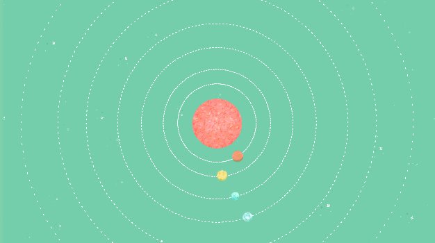 eine Reihe von Planeten umkreisen einen orangen Zentralstern in perfekten Kreisen