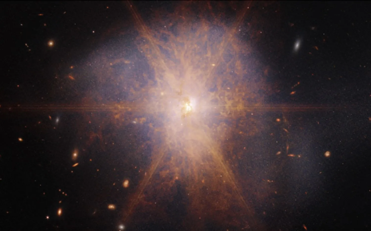 Das James-Webb-Weltraumteleskop der NASA hat dieses Bild der fusionierenden Galaxien, bekannt als Arp 220, aufgenommen. Das Objekt liegt etwa 250 Millionen Lichtjahre von der Erde entfernt.