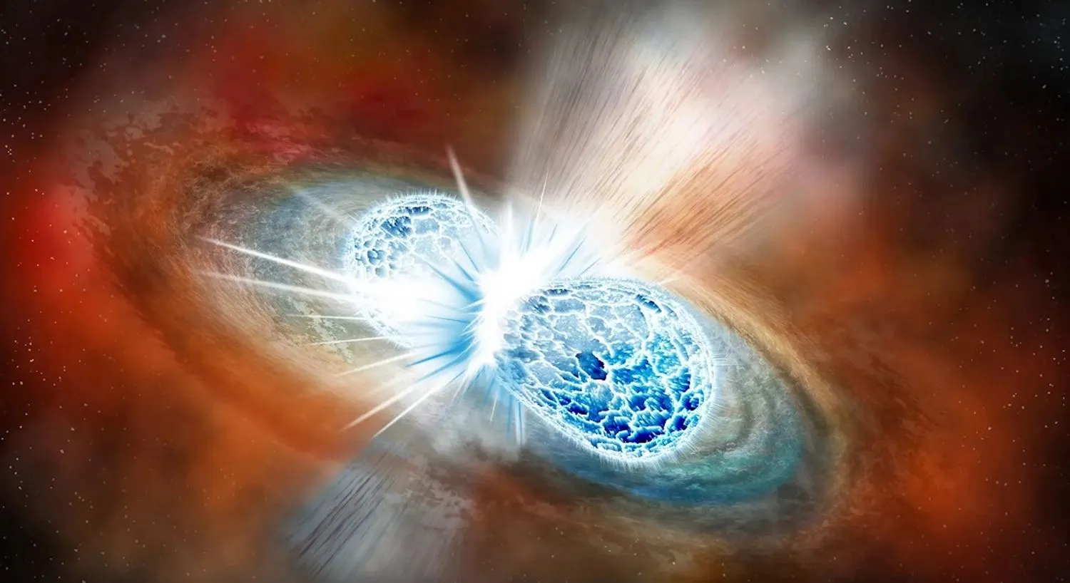 Eine Illustration von zwei eisblauen Kugeln, die zusammenstoßen, umgeben von warmem rötlichen Staub und Gas.