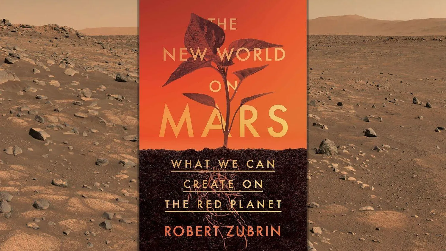 ein Buchcover, das einen Planeten zeigt, der in rötlicher Erde hinter dem Text the new world on mars wächst