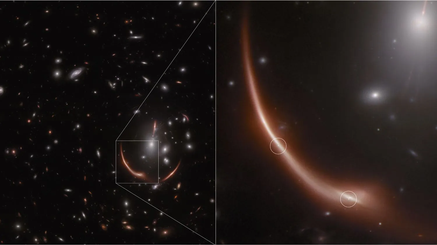 Ein verzerrter Ausschnitt des Weltraums wird vergrößert und zeigt einen rötlichen Lichtkegel mit einem hellen Stern darin.
