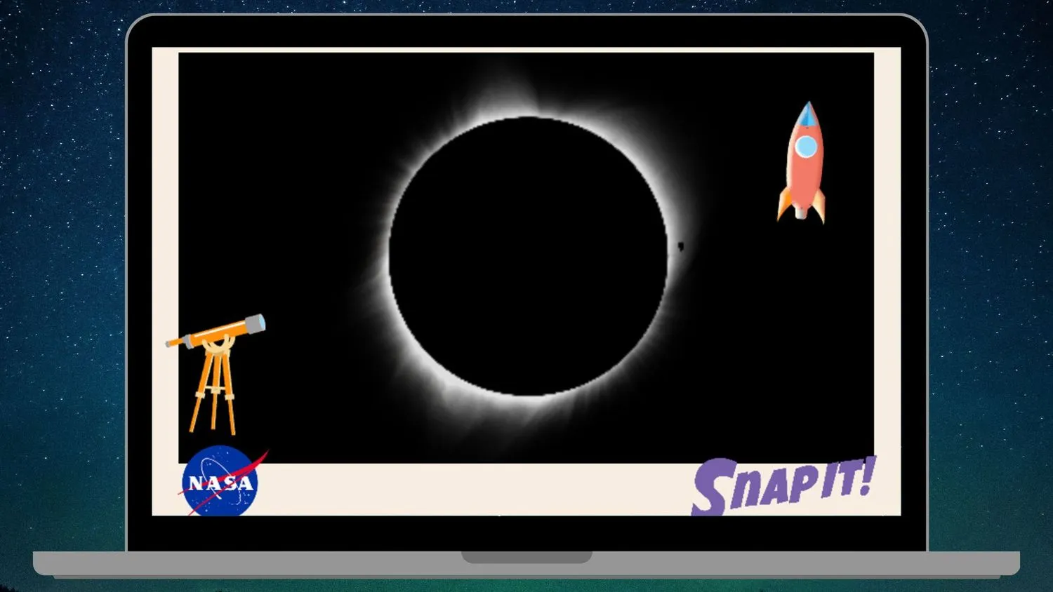 nasa snap it game on a laptop screen graphic against a background of space.
