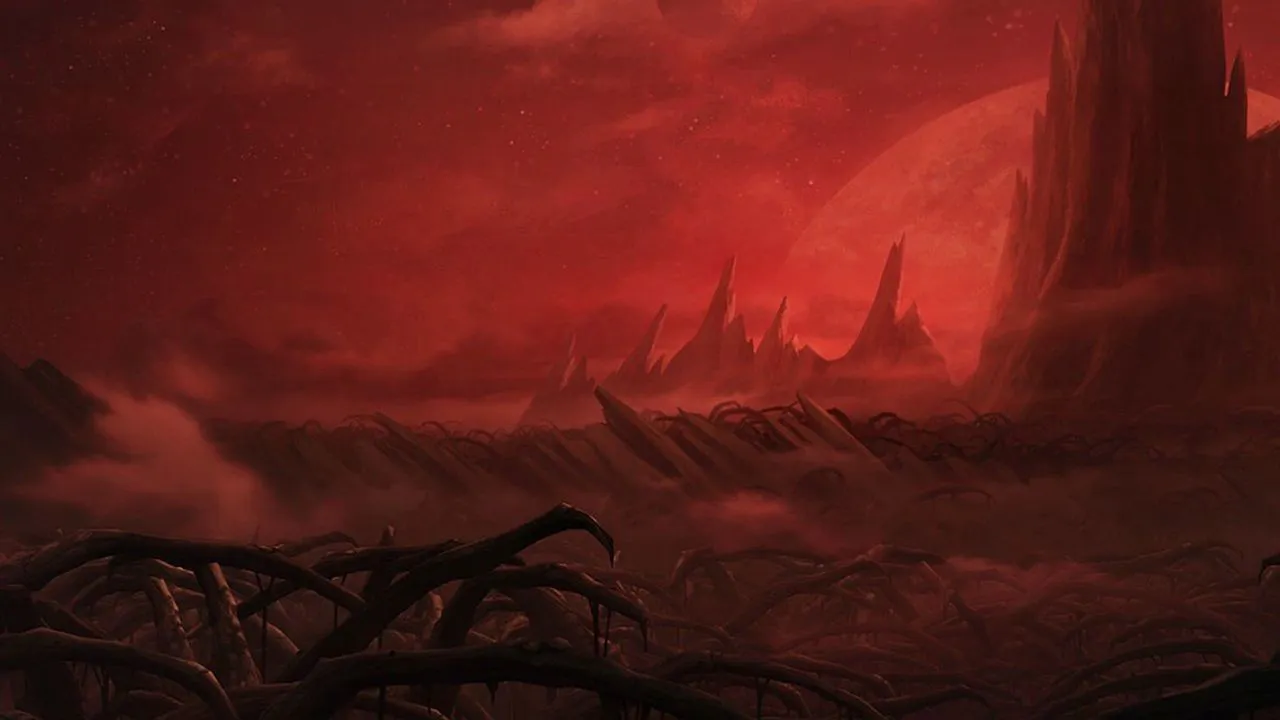 Landschaft eines staubigen roten Planeten, bedeckt mit ausladenden schwarzen, dornigen Ästen.