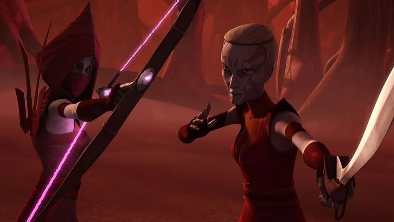 Computeranimiertes Bild von zwei Hexen von Dathomir aus Star Wars (zwei Frauen in Rot, eine mit Pfeil und Bogen, die andere mit einem Schwert, beide kampfbereit).