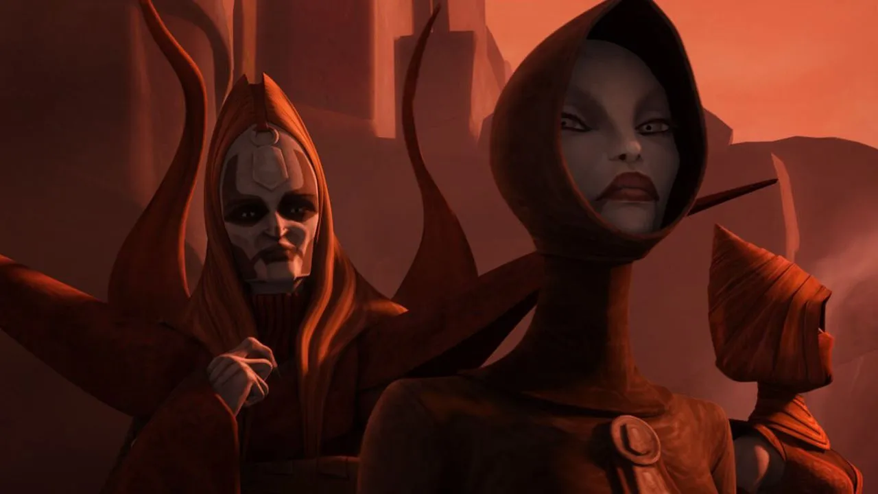 Computeranimiertes Bild der drei Hexen von Dathomir aus Star Wars (alle drei bedrohlichen Frauen tragen rote Umhänge mit Kapuzen und haben blasse Gesichter mit schwarzen Markierungen)