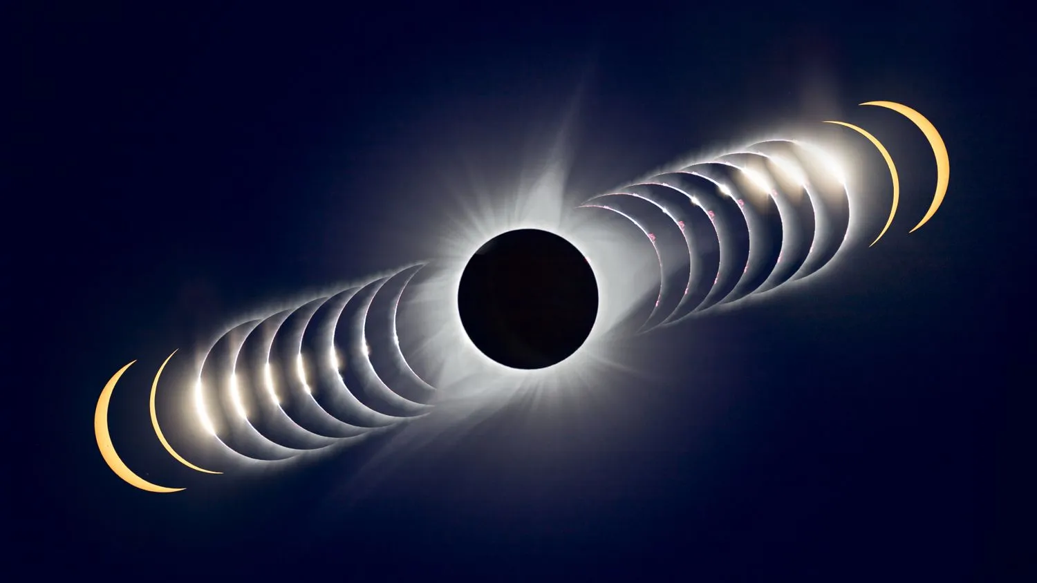 Die Sequenz der totalen Sonnenfinsternis zeigt, wie die Sonne hinter dem zunehmenden Mond verschwindet und dann wieder auftaucht.