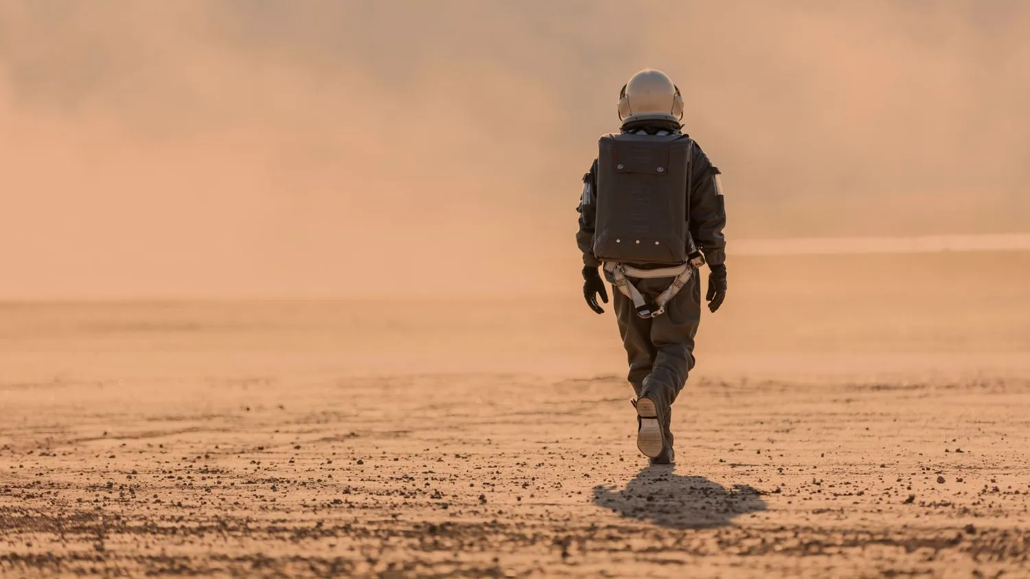 eine Person in einem braunen Raumanzug, die durch eine rötlich-orangefarbene Wüste läuft