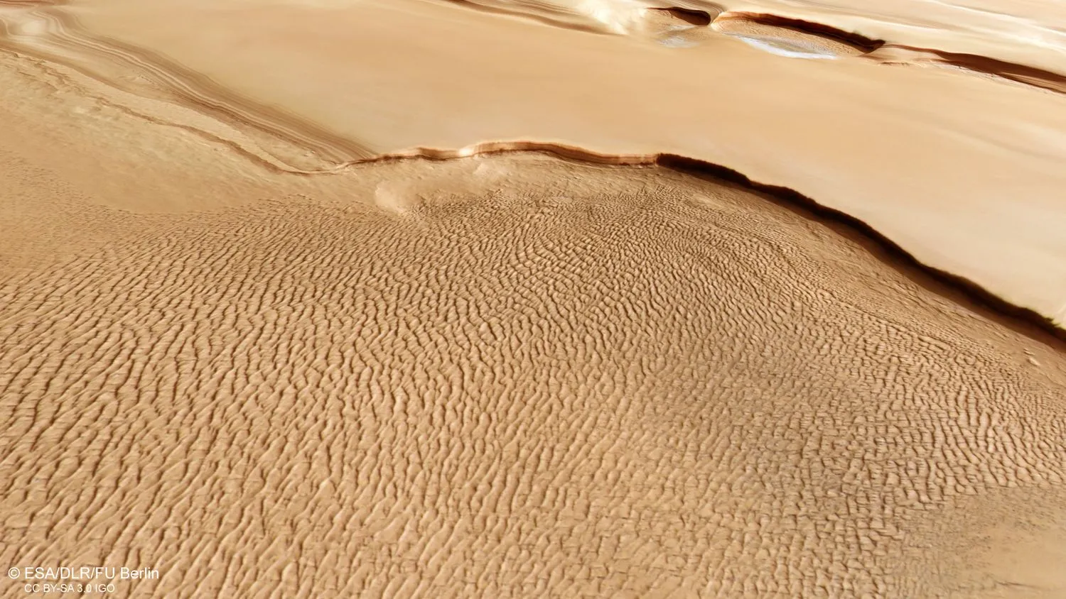 Wellen säumen das Gesicht einer rötlich-orangenen, vom Wind verwehten Sanddüne auf dem Mars