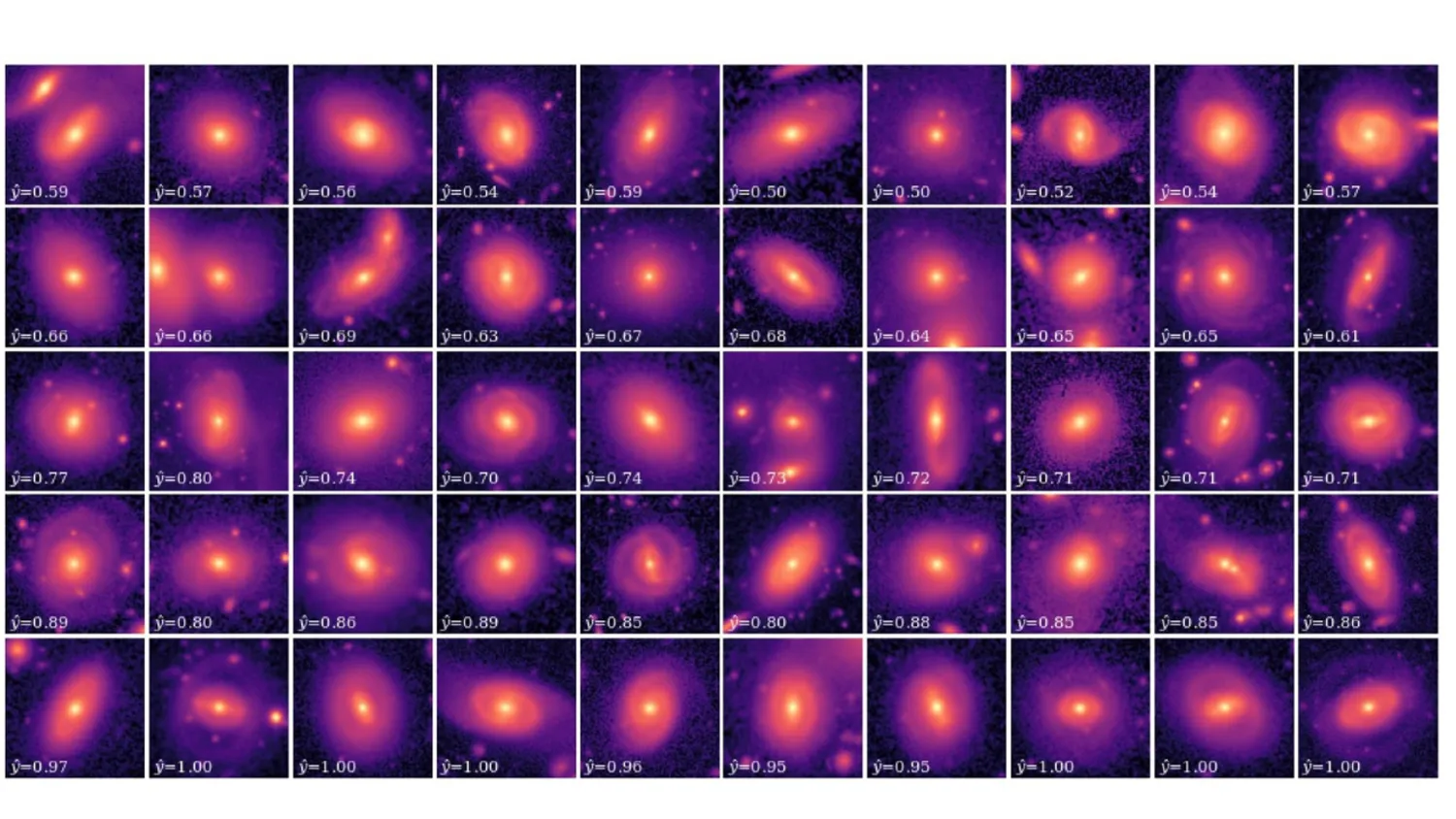 Viele kleine Quadrate, die jeweils eine der neu gefundenen ringförmigen Galaxien darstellen. Durch die von den Wissenschaftlern verwendeten Filter sind sie alle rosa gefärbt.