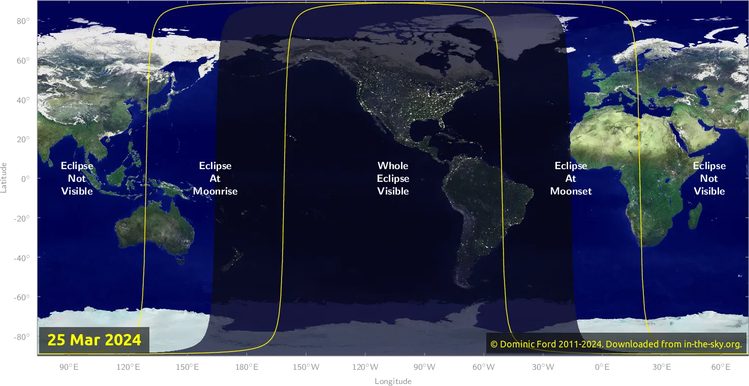 eine Weltkarte, die ein verdunkeltes Gebiet zeigt, das auf Nord- und Südamerika zentriert ist und sich nach Osten und Westen sowohl in den Atlantischen als auch den Pazifischen Ozean erstreckt