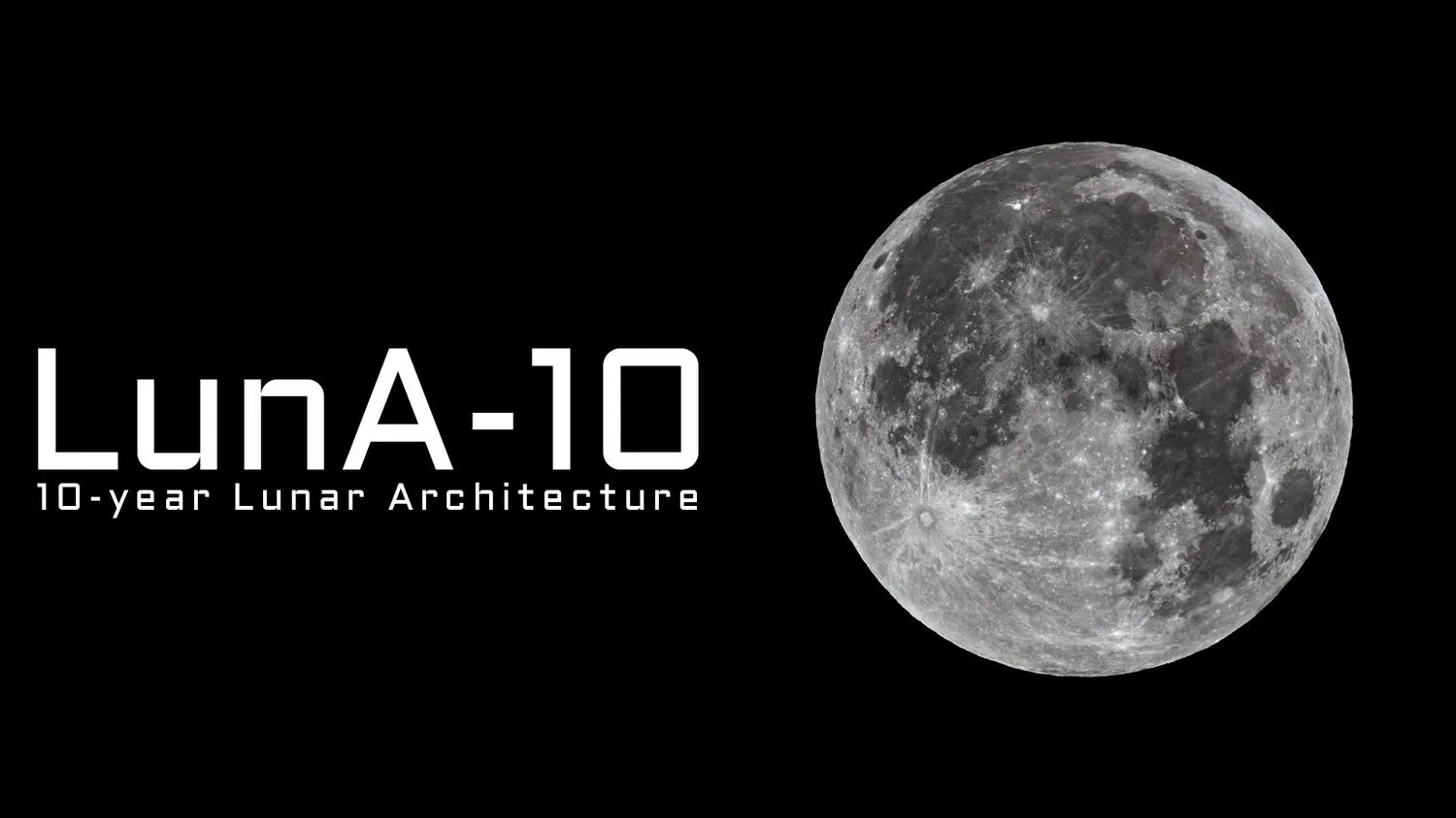 links die Worte luna-10, 10-jährige Mondarchitektur, rechts der Vollmond