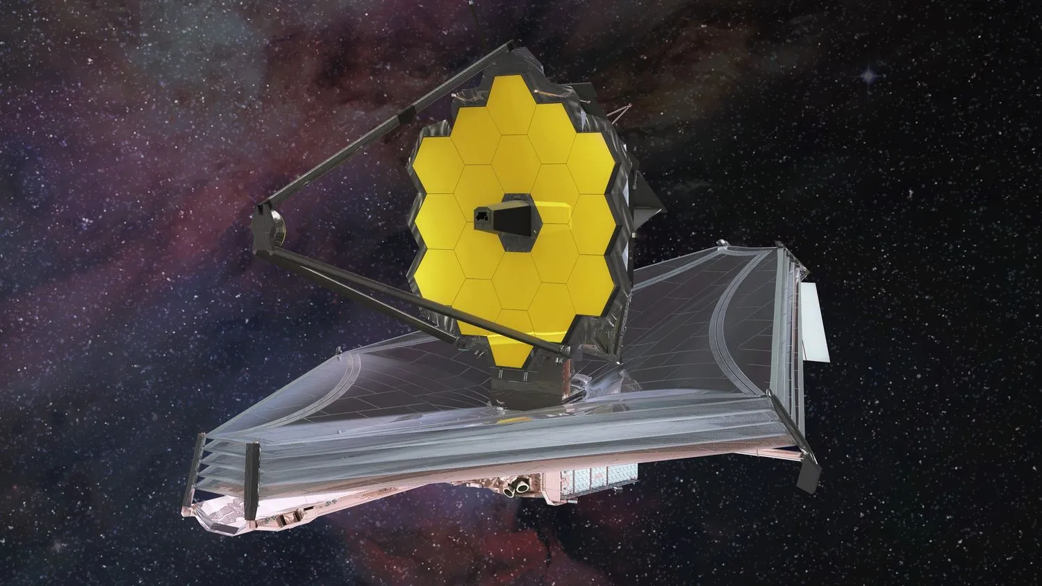 Eine künstlerische Darstellung des James Webb Space Telescope. Sein goldener Spiegel ist auf dem silbernen Sonnenschild zu sehen, der im Weltraum schwebt.