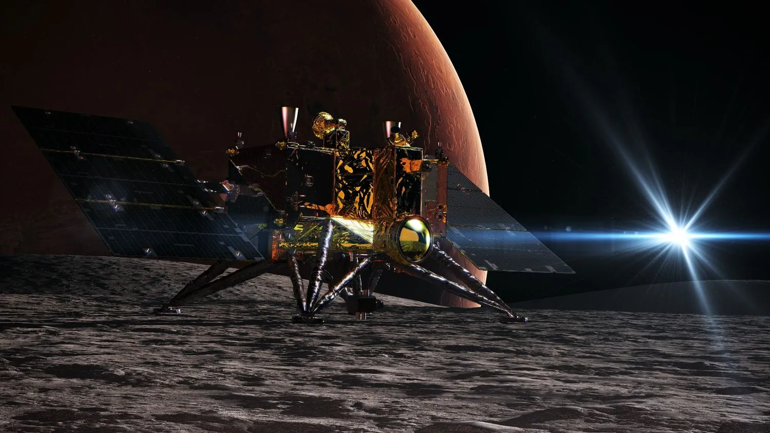 ein mit Goldfolie bedecktes Raumschiff auf der Oberfläche eines felsigen Mondes