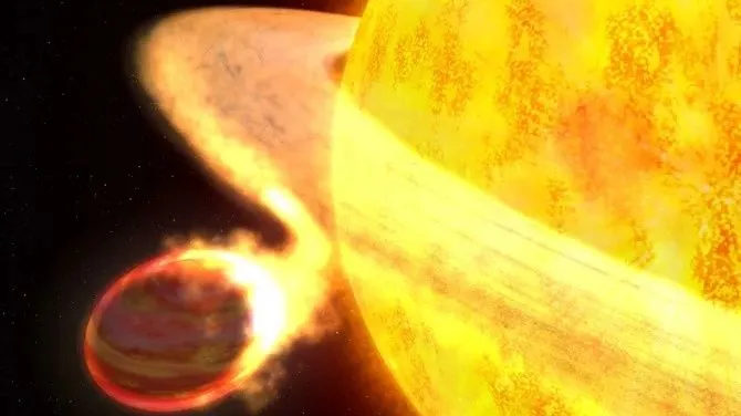 eine dunkelrote, feurige Kugel schießt von einem brennenden, von Plasma umgebenen, leuchtenden Stern weg.