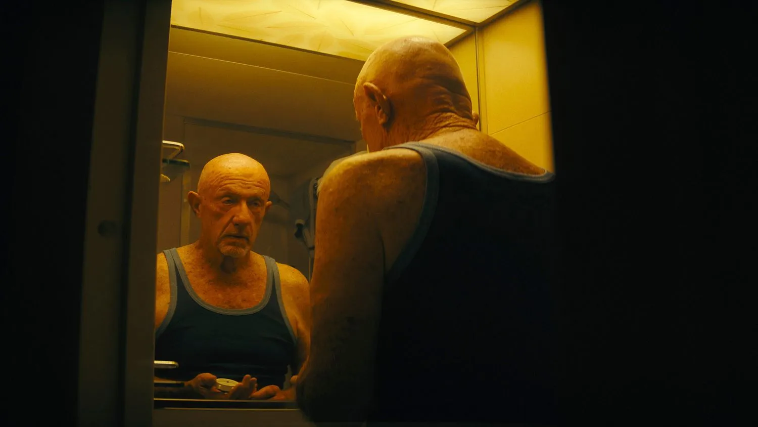 Nahaufnahme eines älteren Mannes, der eine dunkle Weste trägt, während er in einem schwach beleuchteten Badezimmerspiegel sein Spiegelbild betrachtet.