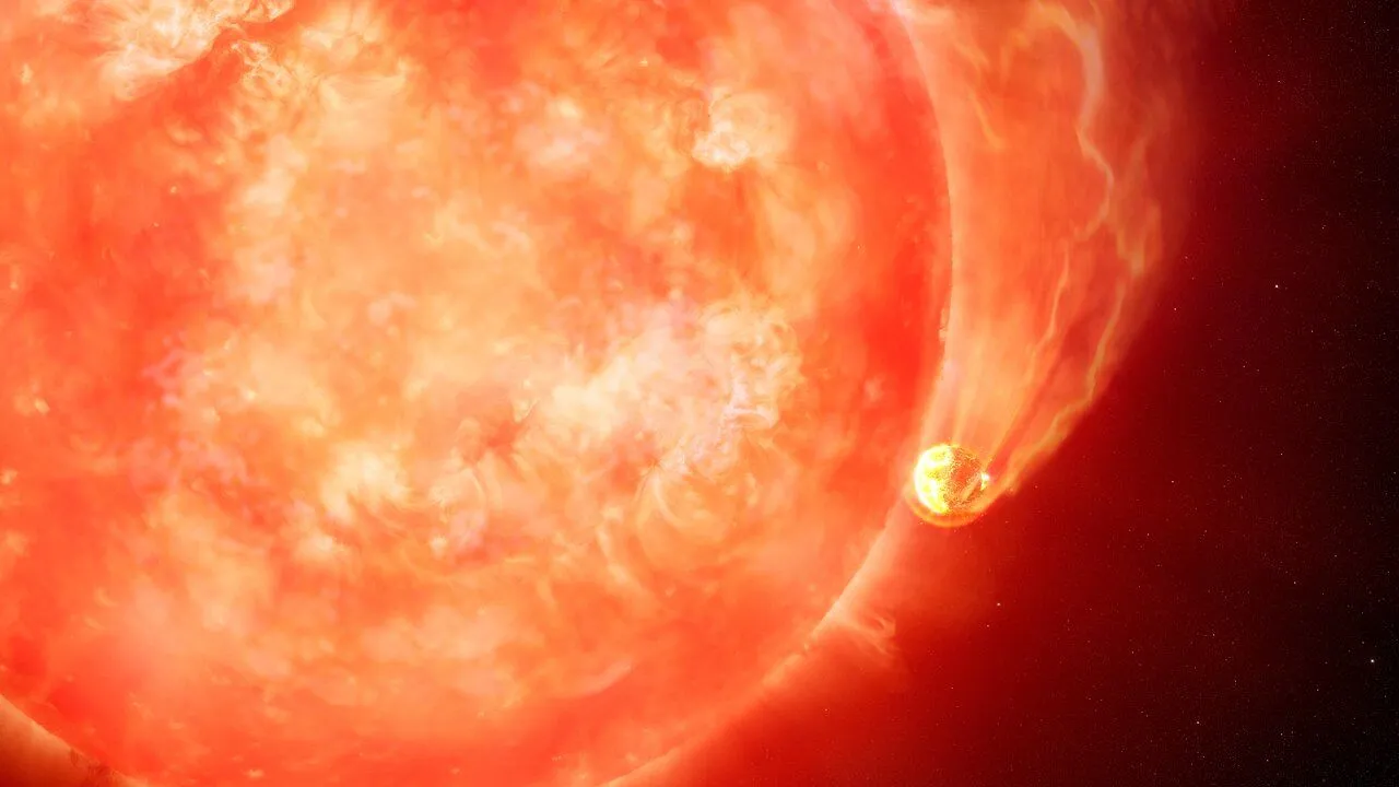 Ein roter Riesenstern verschlingt einen ihn umkreisenden Planeten.