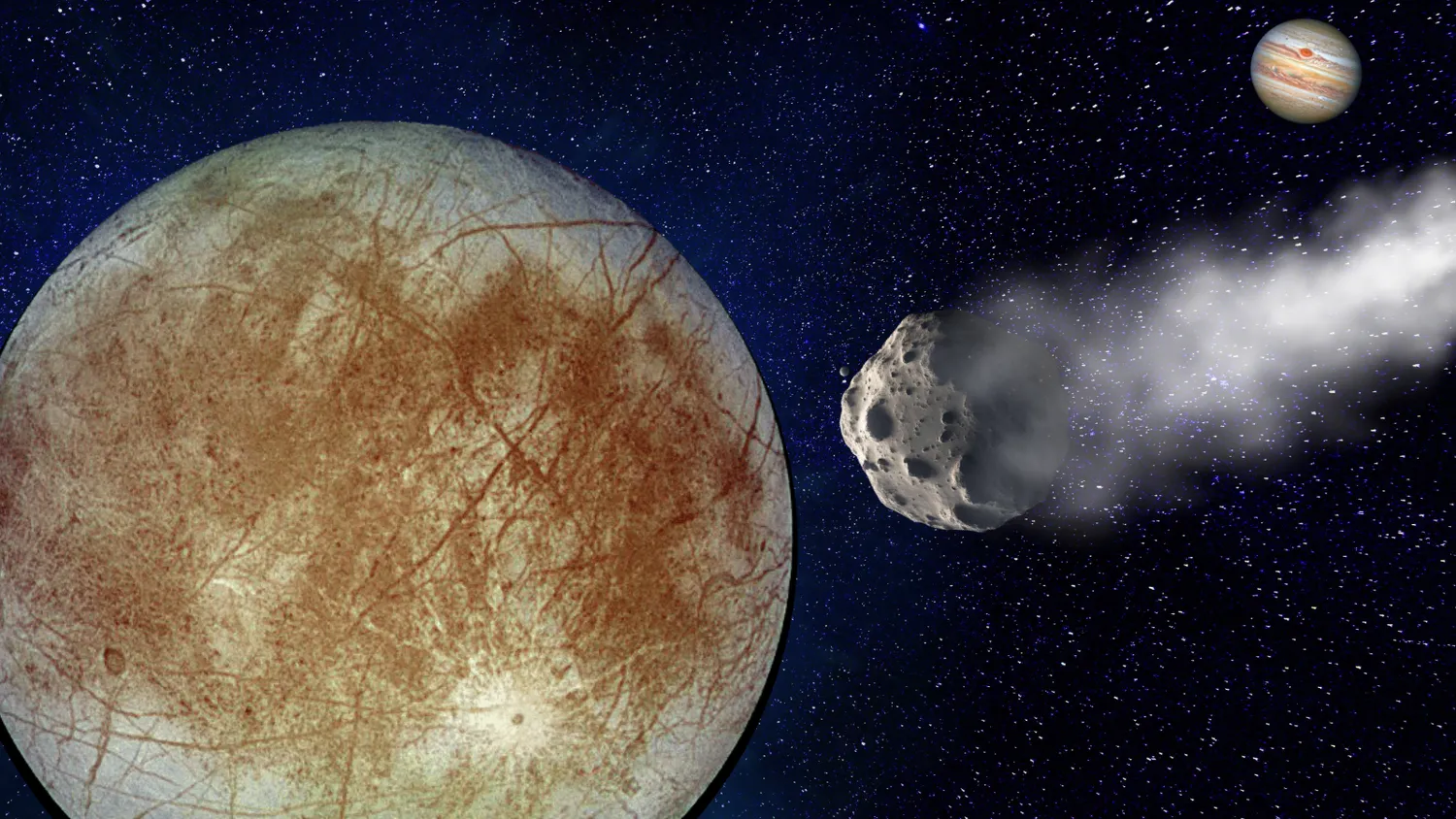 Ein Asteroid rast auf den eisigen Jupitermond Europa zu, mit dem Gasriesenplaneten im Hintergrund