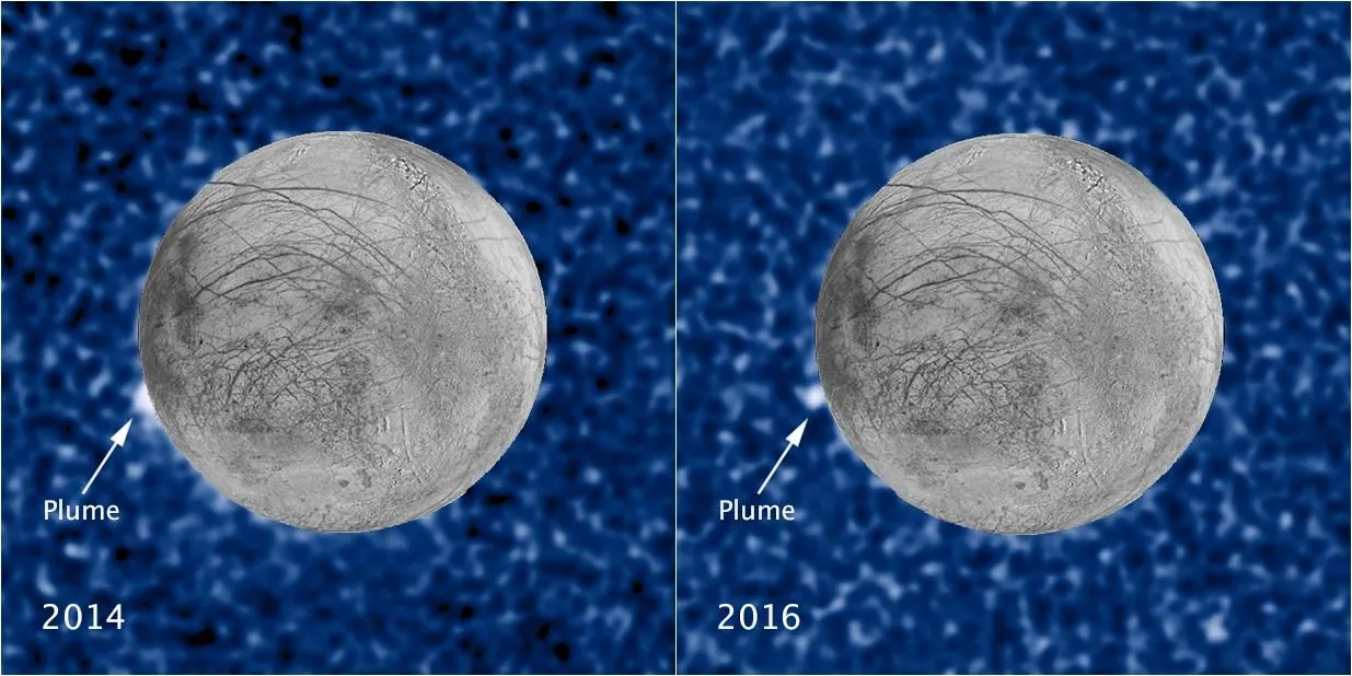 Ein marmorierter, verschwommener blauer Hintergrund zeigt ein geteiltes Bild eines vernarbten, grauen Planeten, mit einem weißen Klecks mit der Aufschrift 'Plume' auf der linken Seite.