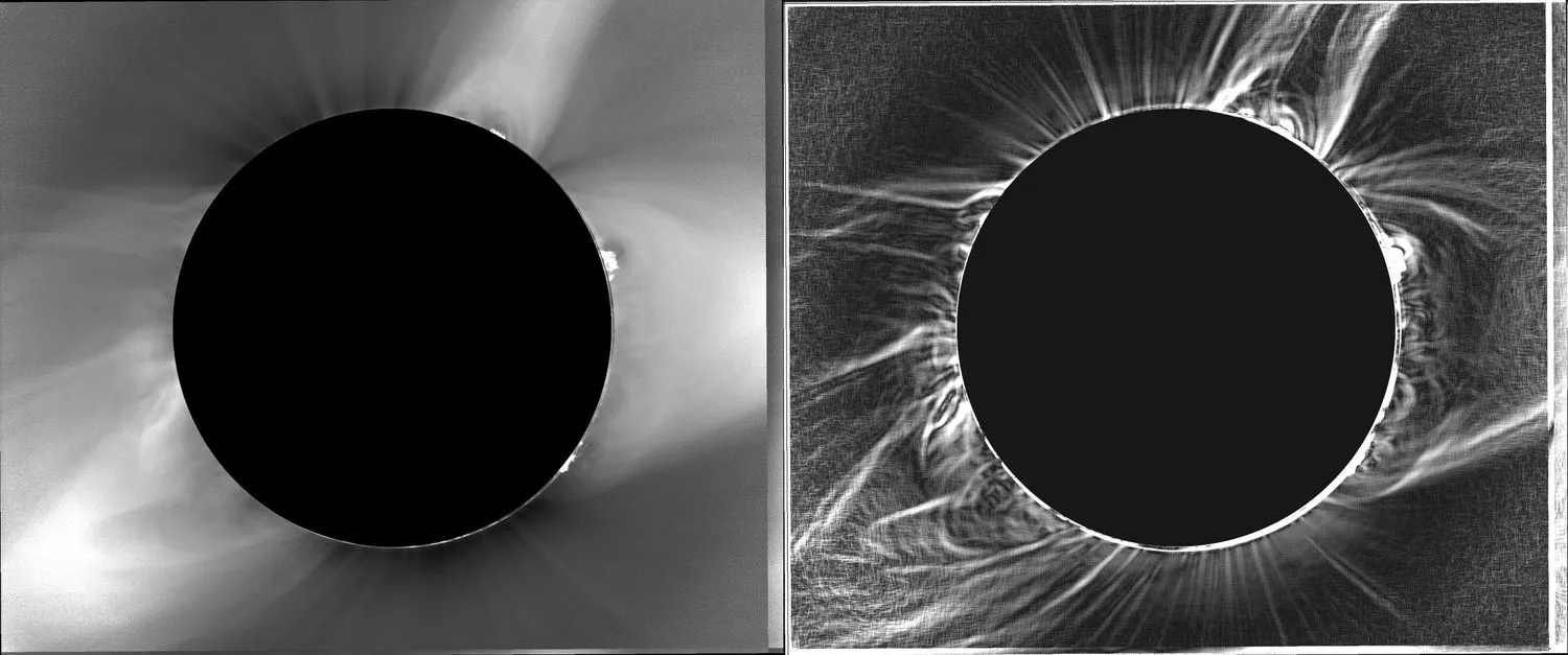 zwei graustufige Sonnenfinsternisse in einem geteilten, nebeneinander liegenden Bild