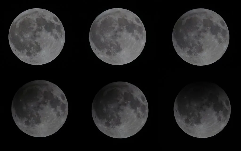 Die Halbschatten-Mondfinsternis im Mai 2023 zeigt eine Folge von sechs Bildern des Mondes, die im oberen Teil des Himmelskörpers immer dunkler werden.