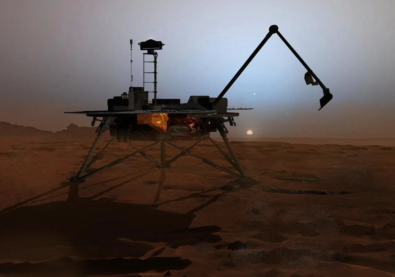 eine dünne silhouette eines mars landers mit einem schlanken arm, der nach rechts gebogen ist. eine trübe sonne geht hinter einem rostigen horizont unter.