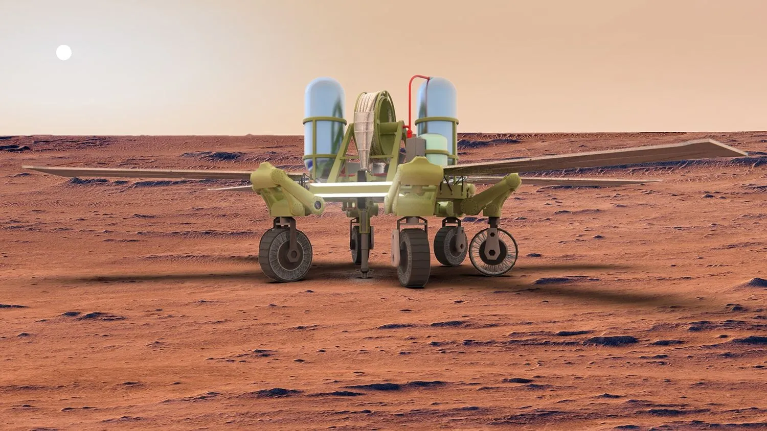 ein gelb gefärbter vierrädriger Rover mit zwei blauen zylindrischen Tanks steht auf einer rostigen roten Oberfläche.