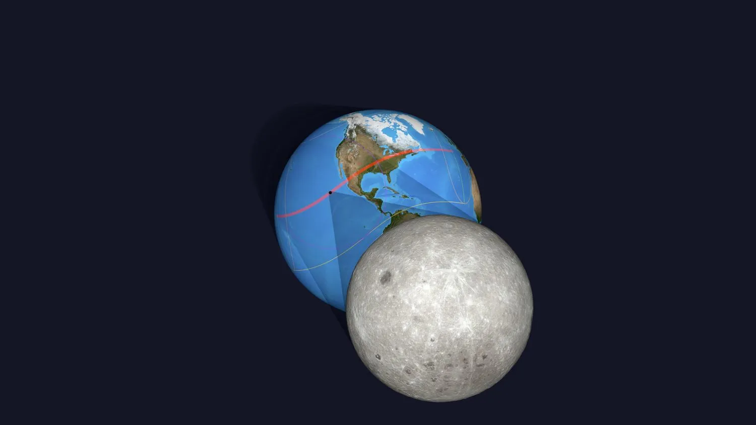 Grafische Darstellung des Mondes zwischen Sonne und Erde, der einen Schatten auf unseren Planeten wirft